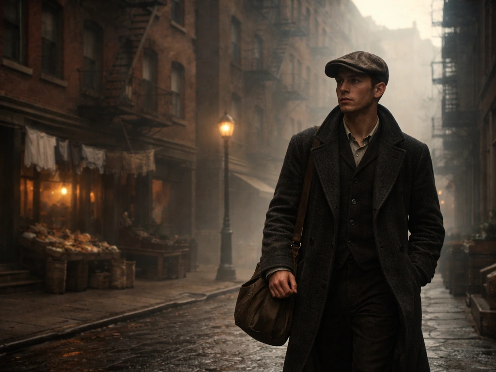 1920s New York tenement street with an anonymous immigrant youth in a flat cap carrying a satchel.