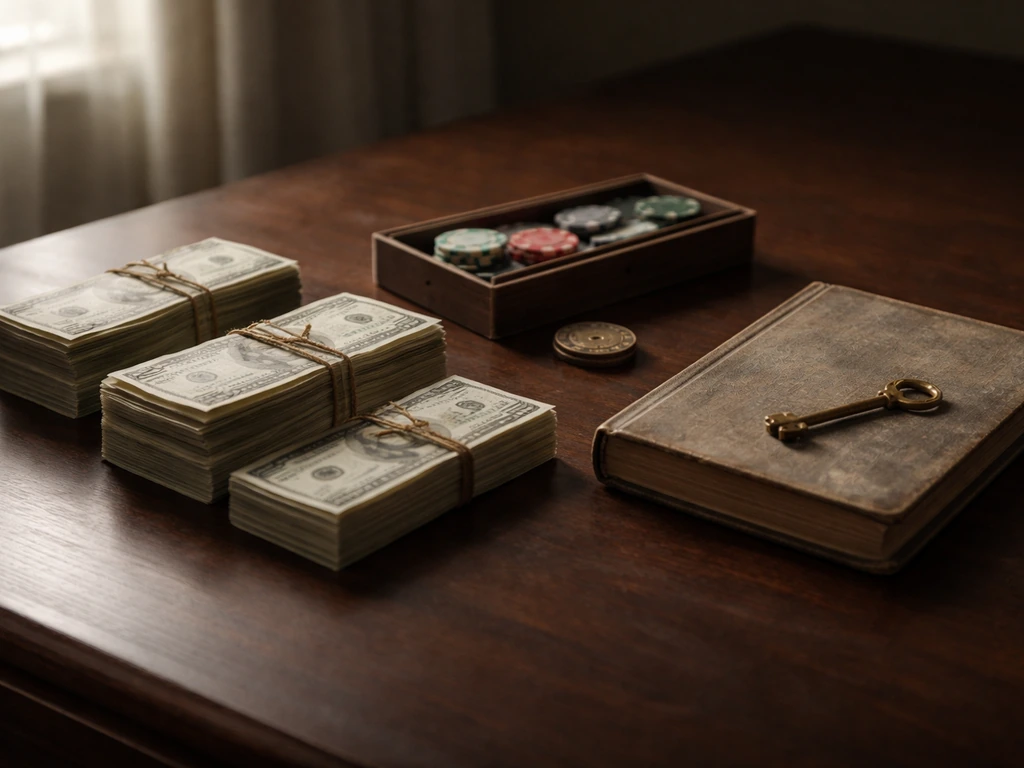 Minimal desk photo with separate stacks of vintage bills and small gambling/ledger items suggesting wealth channels