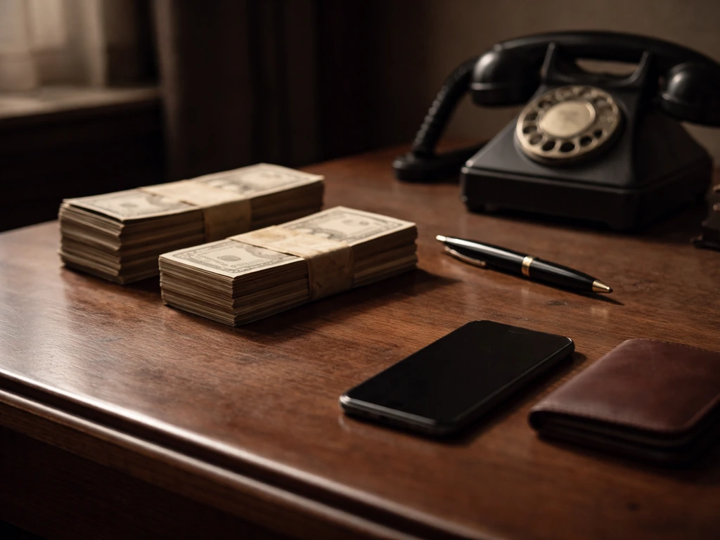 Dim office desk with scattered old cash bundles and a modern smartphone, suggesting historical vs modern wealth