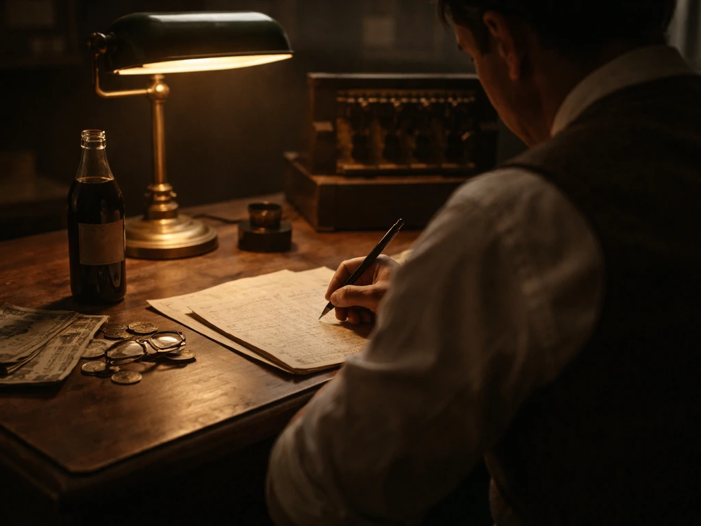 Antique desk in early Waco Texas with coins and a bottle, anonymous worker writing, no identifiable person.
