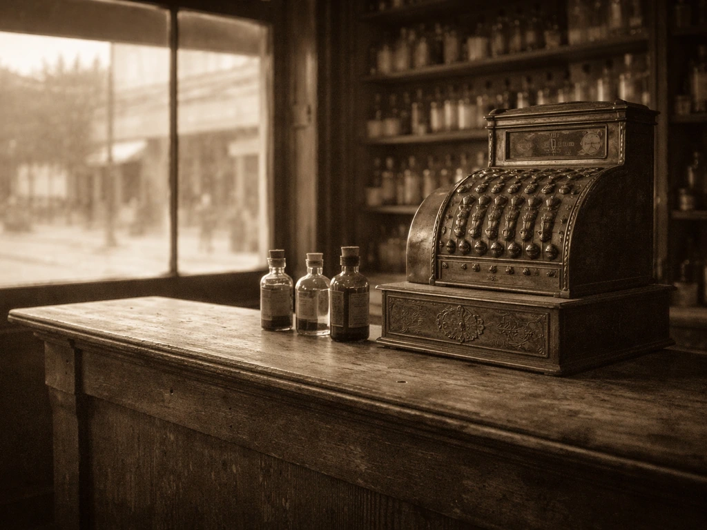 Vintage pharmacy storefront and old wooden counter with cash register, suggesting Charles Alderton identity research.