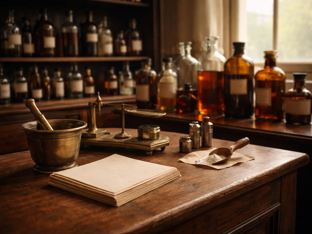 Early 1900s apothecary counter with labeled glass bottles and pharmacy tools in warm light.