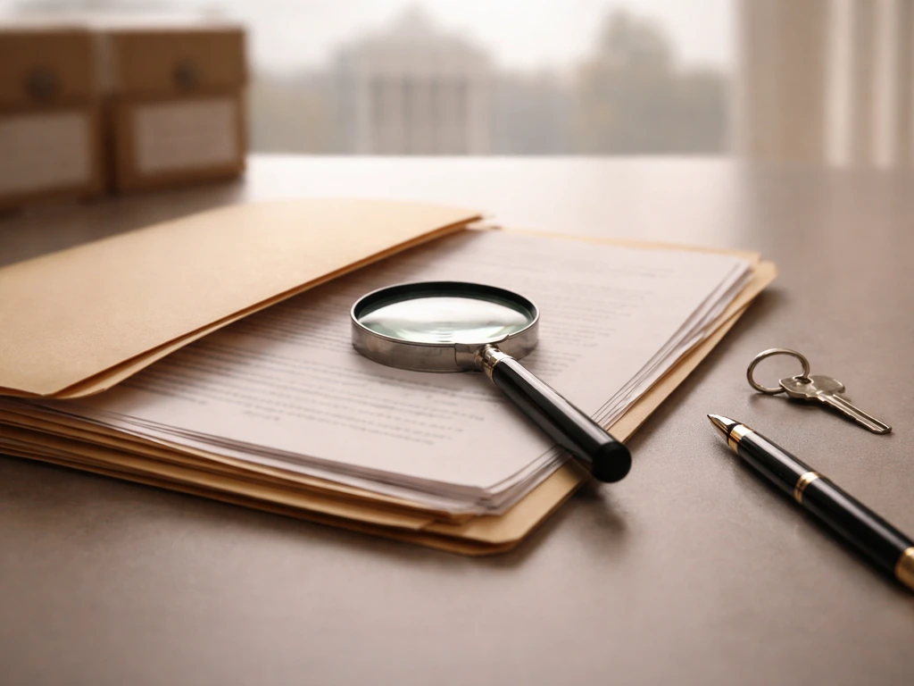 Minimal photo of a desk with a folder of old records, magnifying glass, and pen symbolizing validation sources.
