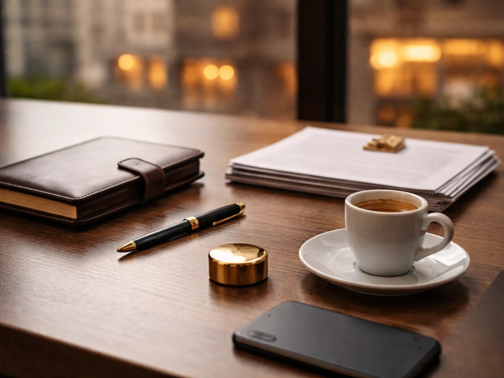 Minimal office desk scene with finance documents, pen, and smartphone suggesting net worth analysis and business wealth.