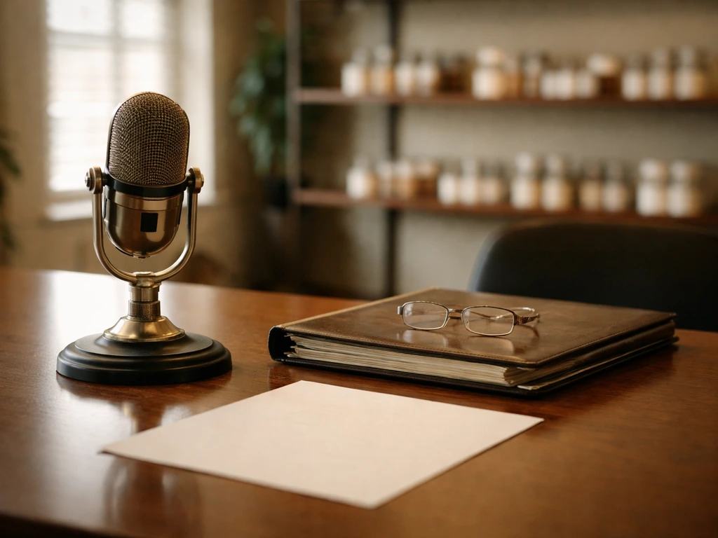 Minimal office tabletop with a vintage microphone, binder, and warm light, symbolizing a business identity context.