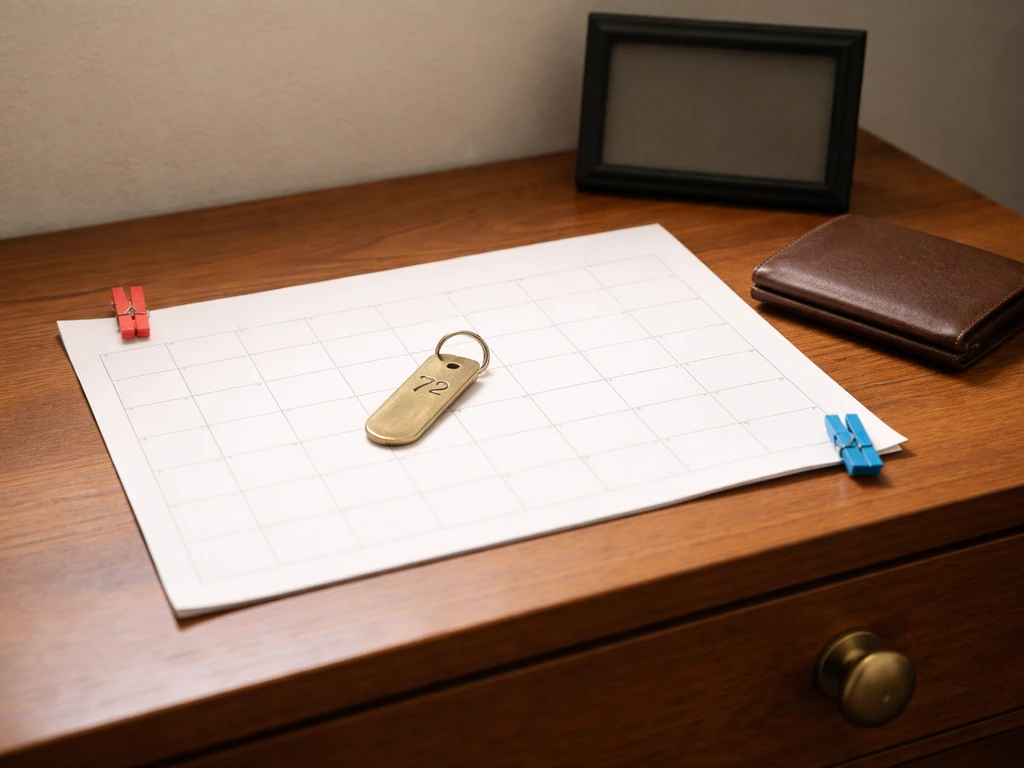 Still-life of a calendar and desk items symbolizing a long career, with two color clips marking milestones.