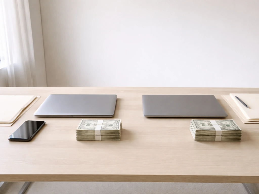 Two side-by-side office desk setups with laptops and paper money, symbolizing differing net-worth estimations.