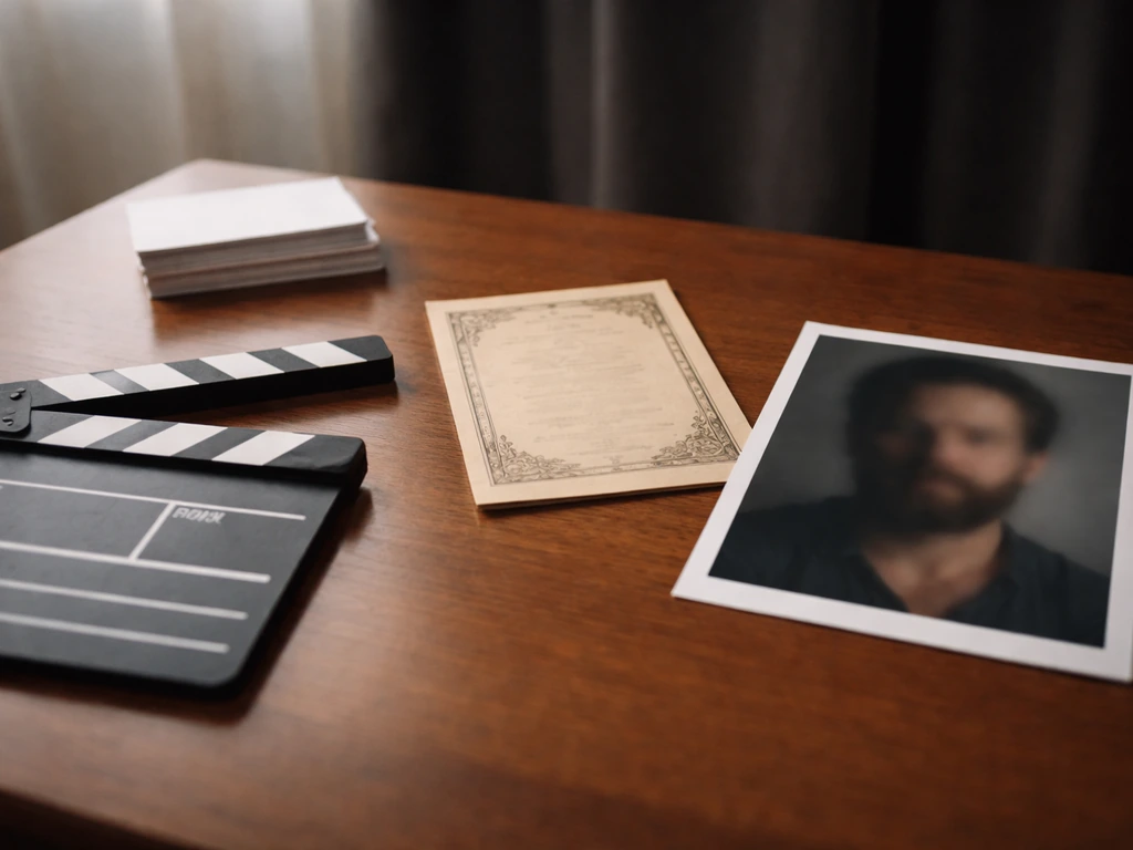 Minimal film-themed desk with clapperboard, blank theater program, and obscured headshot print to distinguish identities