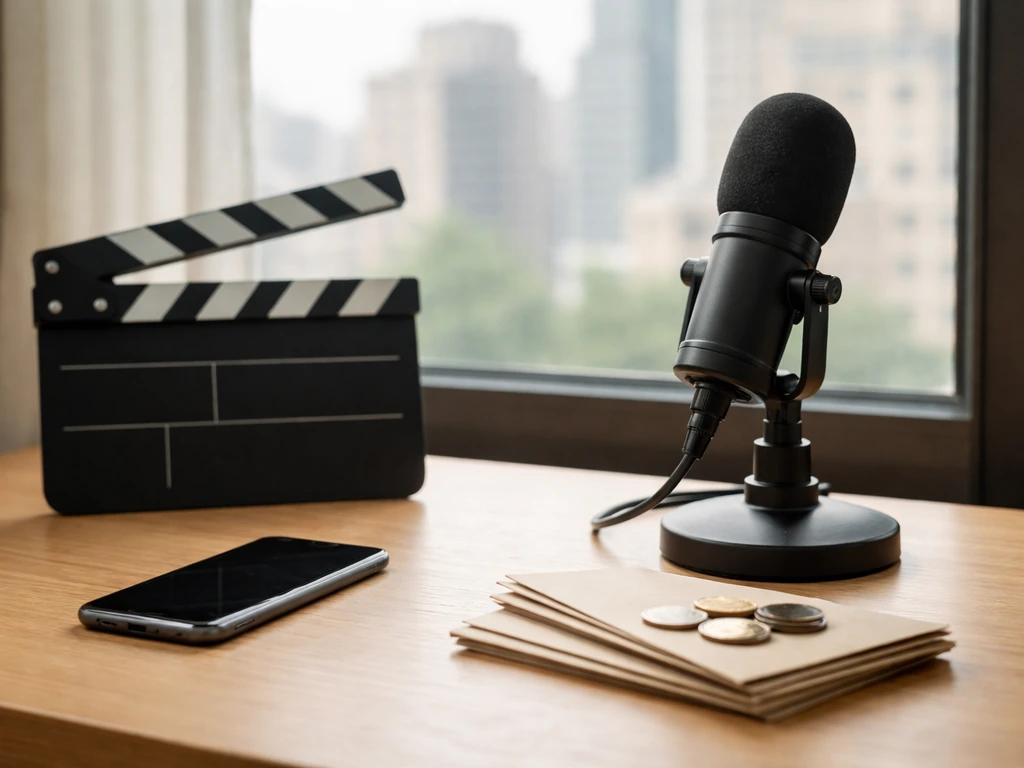 Minimal studio desk scene with clapperboard, microphone, envelopes and coins symbolizing TV income milestones.