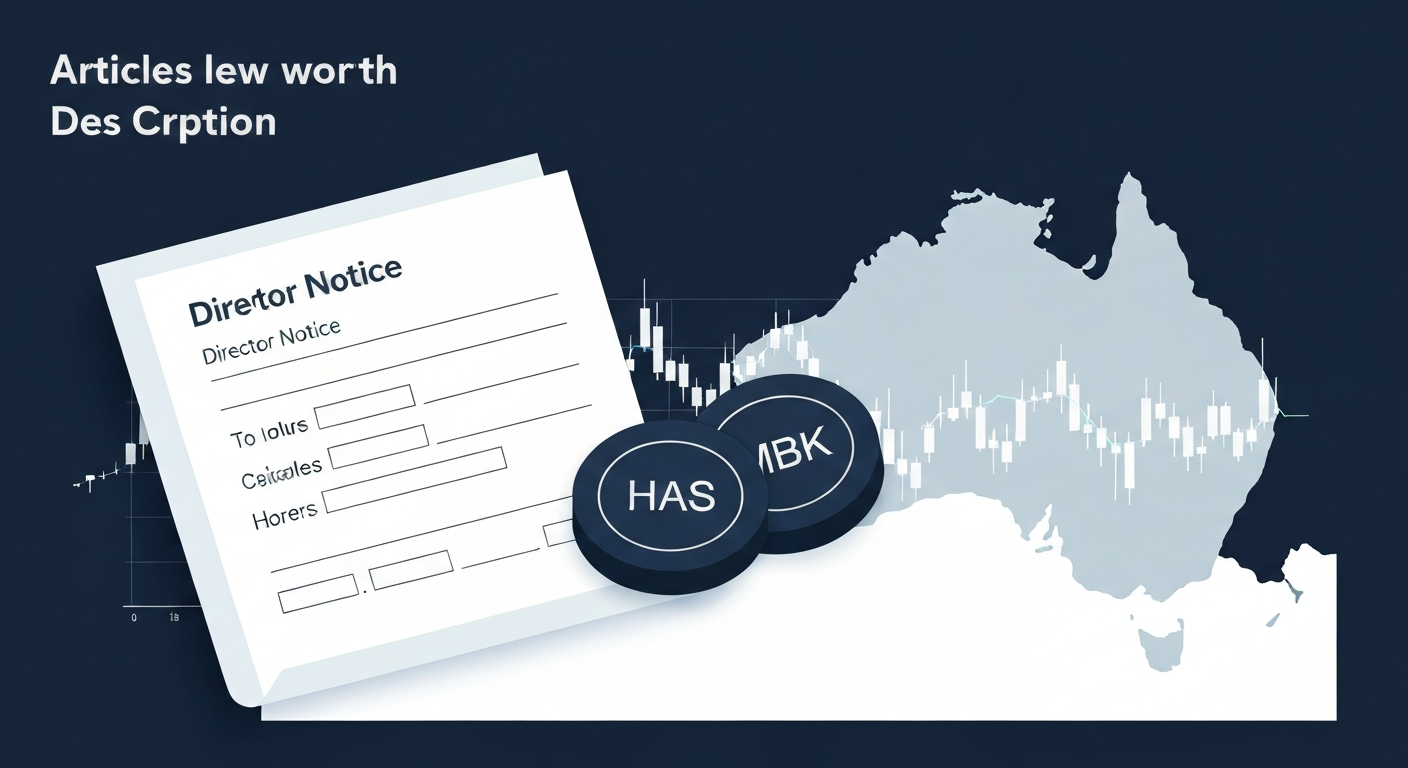 Abstract editorial illustration of ASX filing documents, HAS and MBK tickers, and a map of Australia with a faint stock chart overlay.