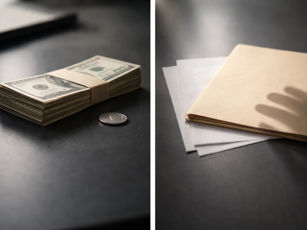 Split-screen showing skeptical finance analysis vibe: blurred money stack vs a muted document folder