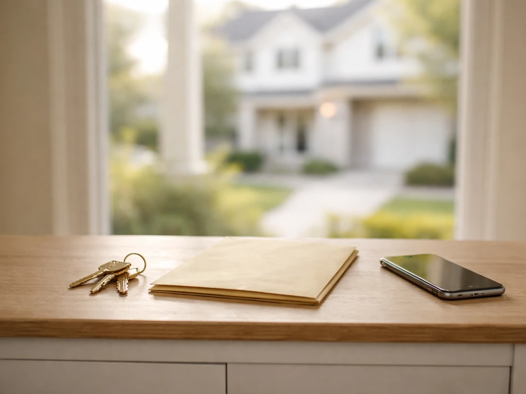 Minimal upscale home entryway with keys and a blank deed folder, blurred luxury exterior through a window.