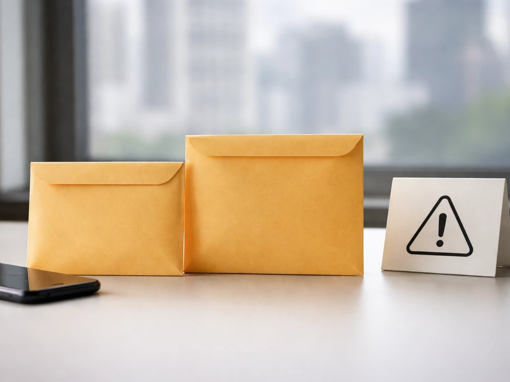 Minimal photo of a desk with two sealed envelopes and a small warning placard, symbolizing differing money estimates.