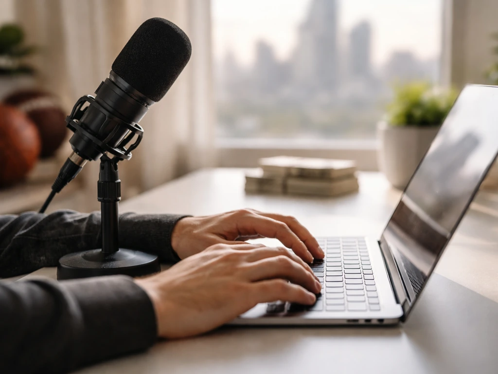 Minimal sports media desk scene with laptop, microphone, and cash-toned lights suggesting net-worth verification