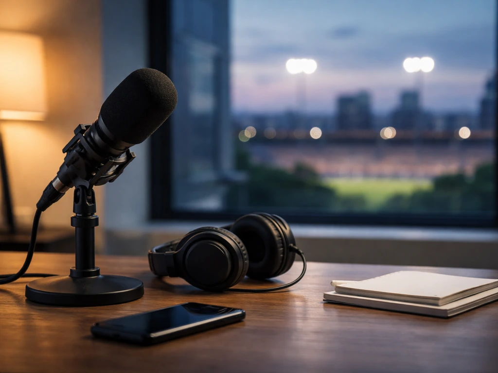 Podcast mic and headphones on a sports media desk with a blurred city and stadium lights backdrop.