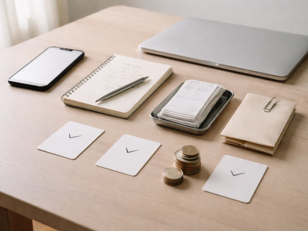 Anonymous desk with phone, notebook, receipts, coins, and envelopes arranged to suggest net-worth steps.