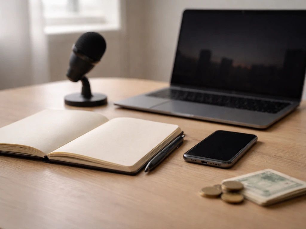 Minimal desk with smartphone, small microphone, blank notebook, and a few coins suggesting multiple income sources.