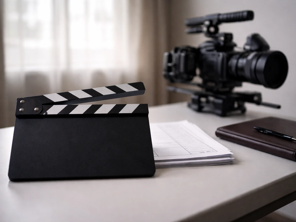 Minimal film production scene with studio clapperboard and a modern desk setup symbolizing filmmaker income.