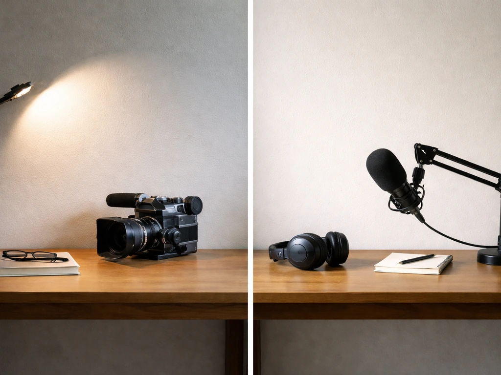 Two simple side-by-side desk scenes: a vintage camera on one side and a studio microphone with headphones on the other.