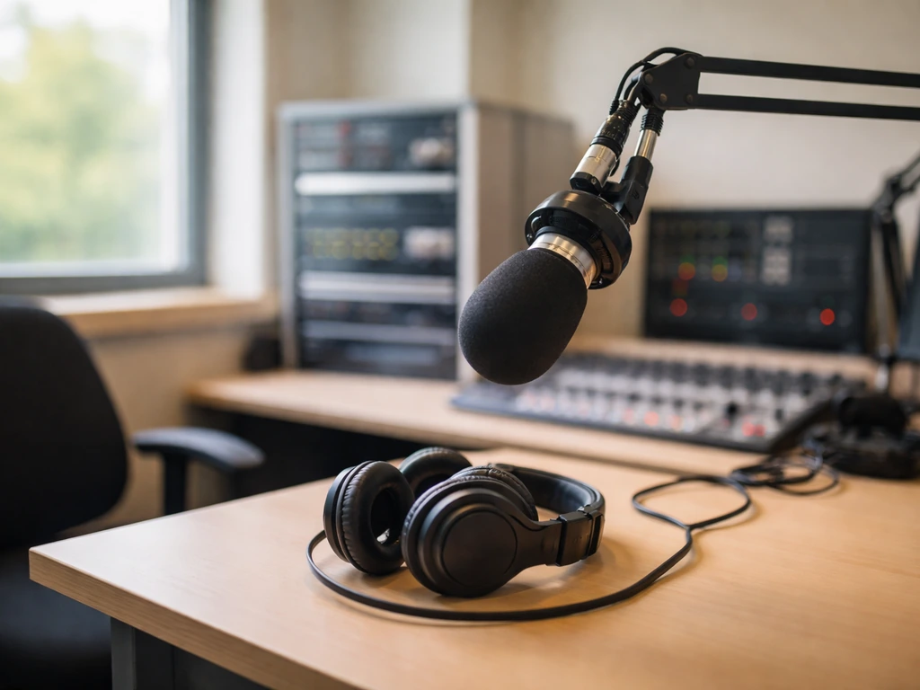 Minimal media studio scene with microphones and broadcasting equipment on a desk