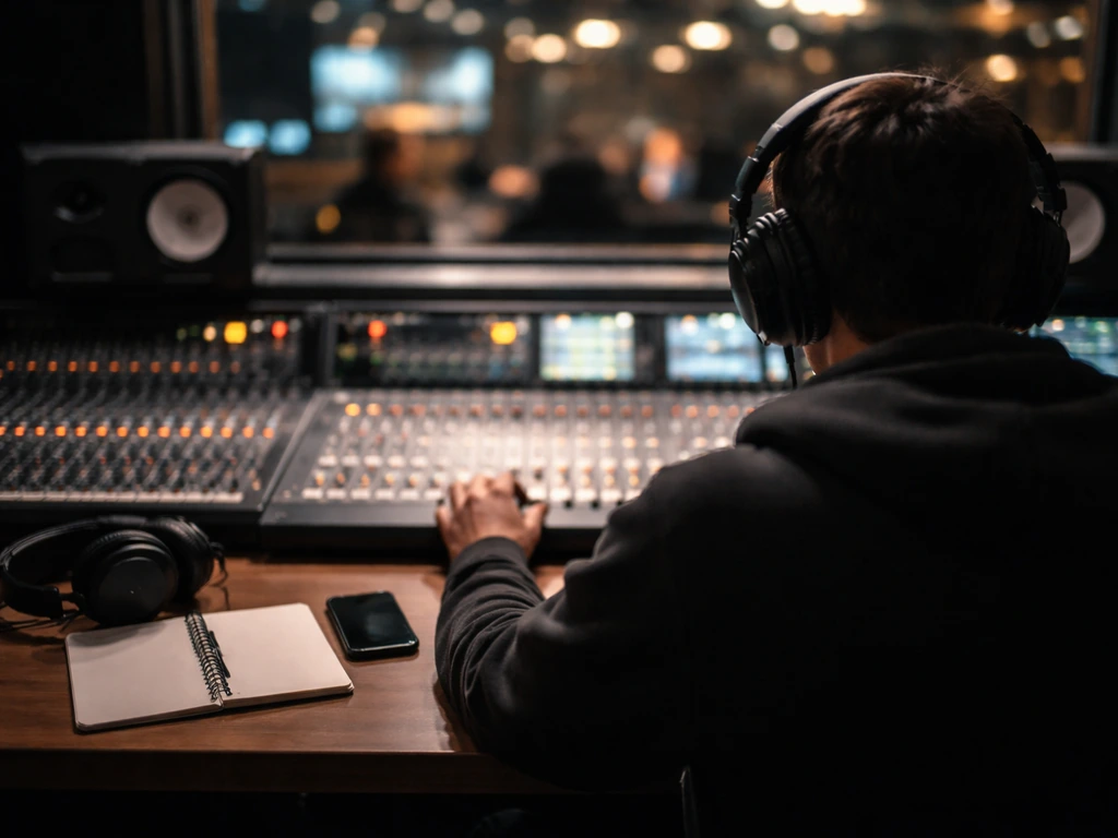 Anonymous broadcaster in a quiet control room wearing headphones, hands near a mixing console and monitors.