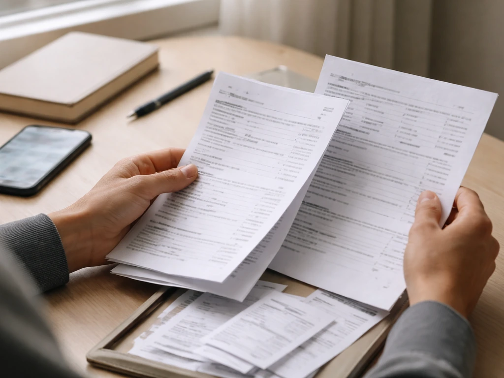 Hand at a desk comparing financial documents and a smartphone showing conflicting sources