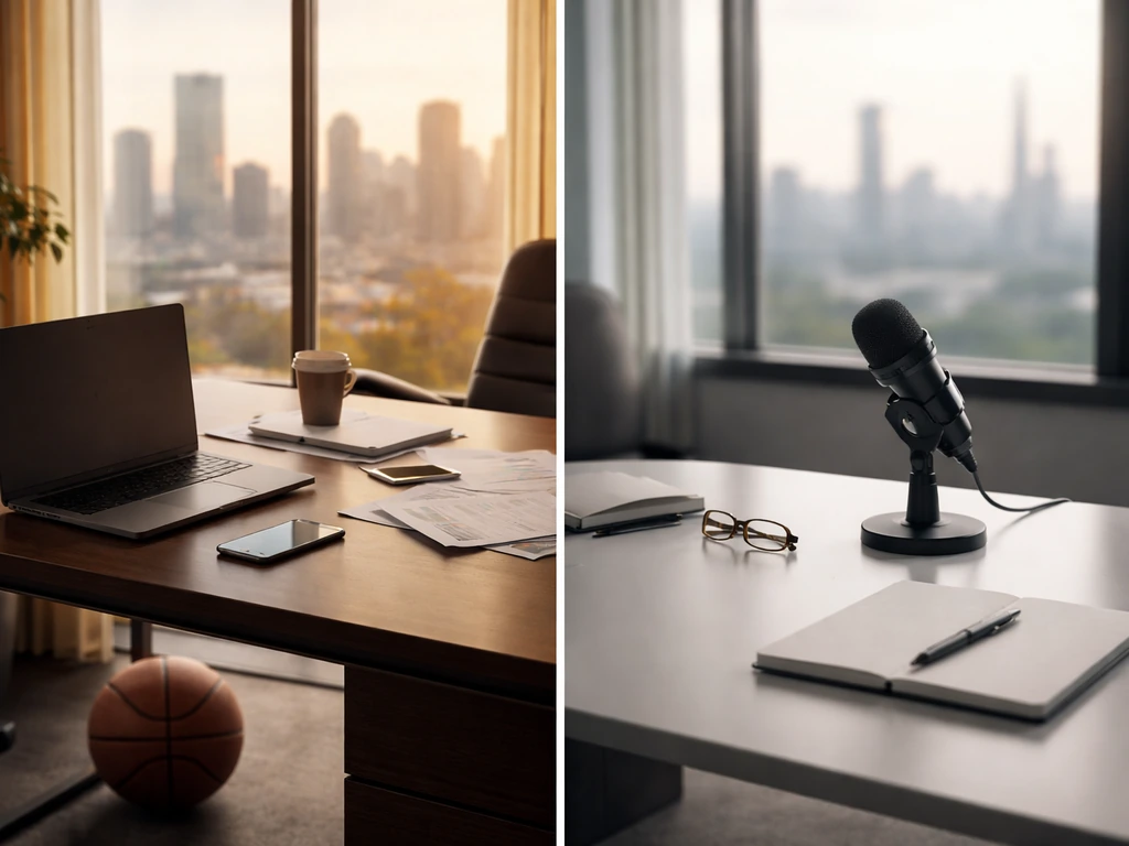 Minimal split-scene office desks symbolizing financial identity comparison without showing any people.
