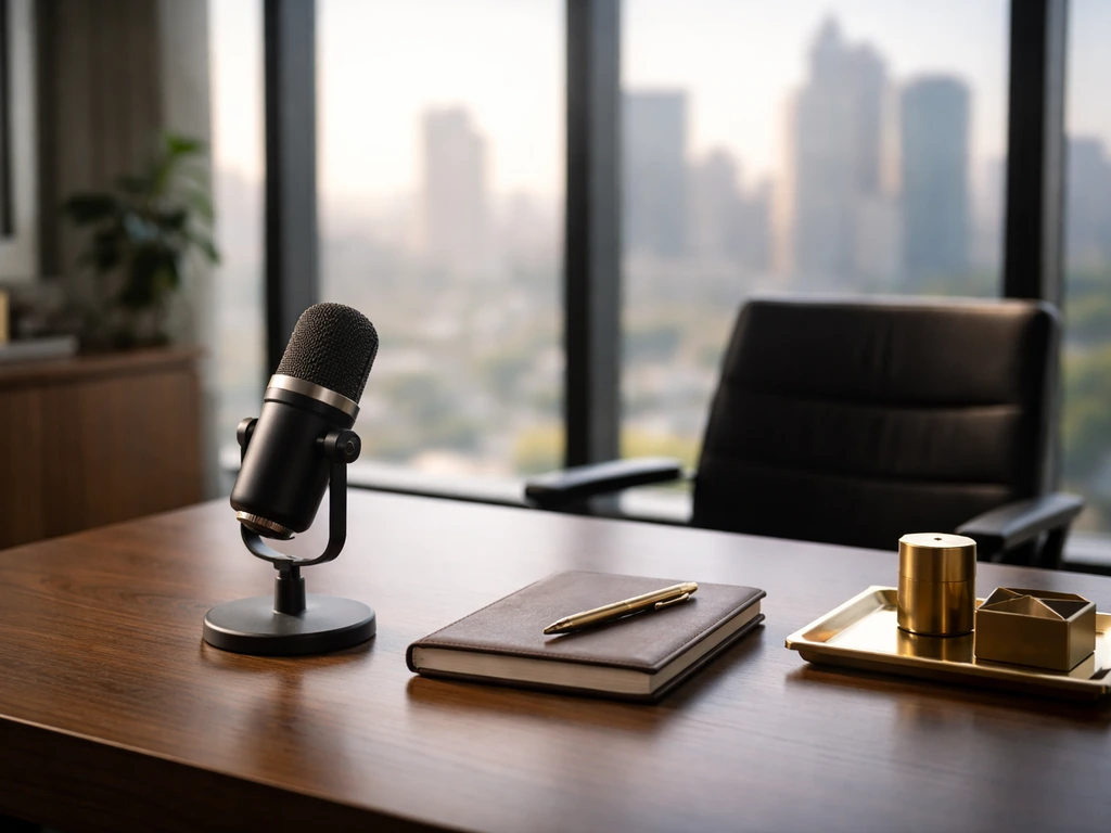 Empty modern office with a desk microphone and polished brass details symbolizing sports finance