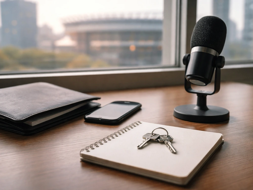Minimal desk scene with folder, microphone, keys, and blurred arena city view symbolizing private equity wealth.