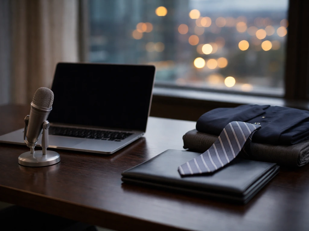 Minimal desk setup of an investment banker at dusk with laptop, microphone, and suit items
