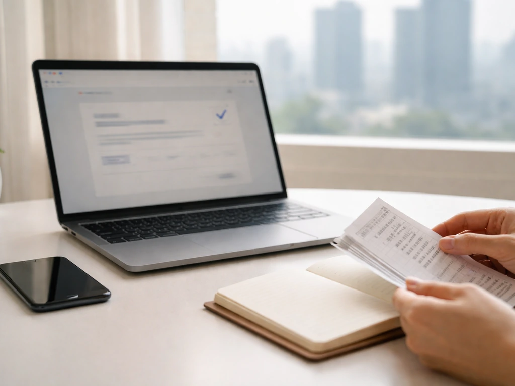 Hands cross-checking on a laptop with a blurred browser page, phone, and blank notebook on a tidy desk.