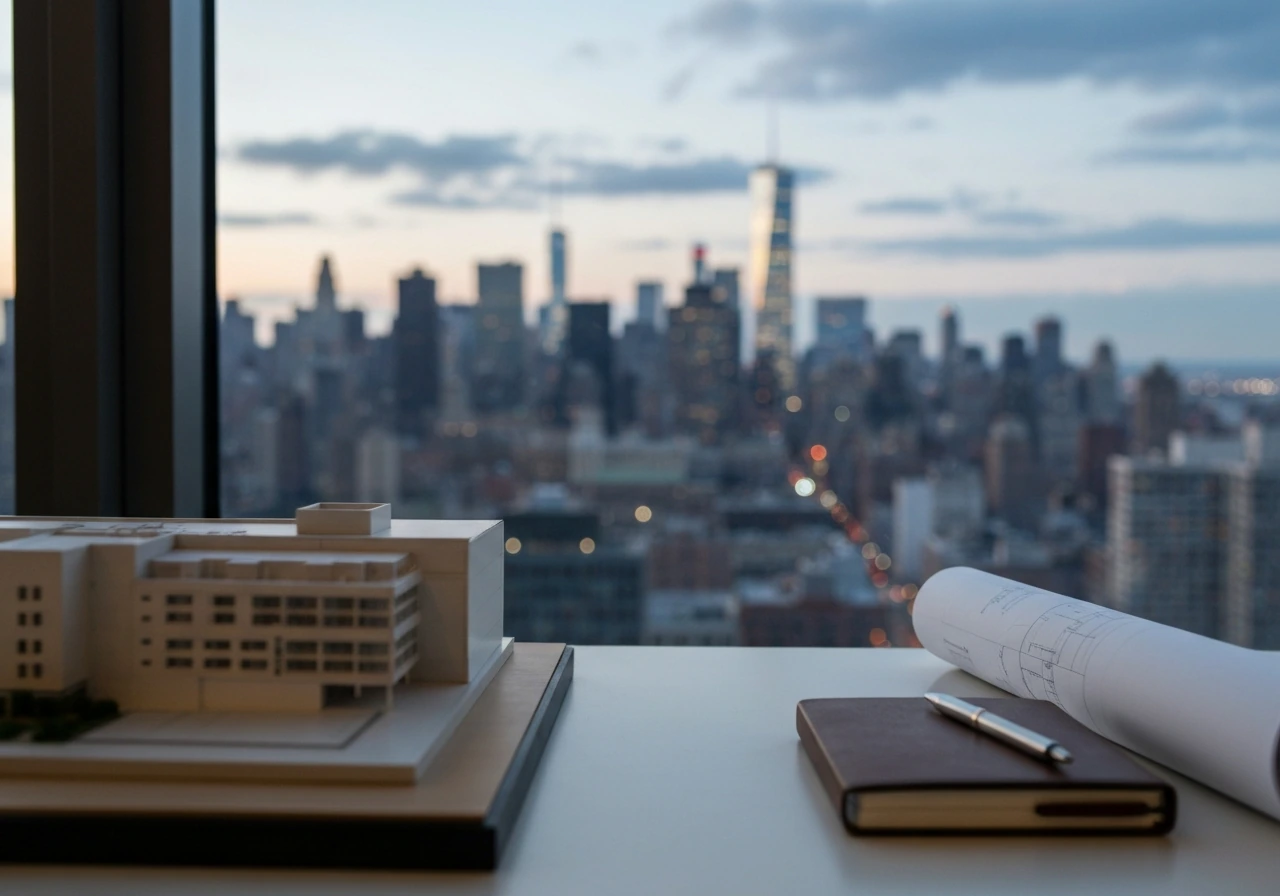 NYC skyline at dusk with a real-estate desk setup—architectural model and blueprint tube in foreground.