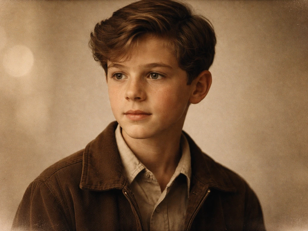 Vintage-style credited film still featuring a young mid-century actor in period wardrobe, softly lit.