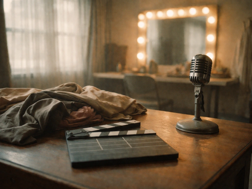 Vintage clapperboard and studio microphone on a simple desk in a faded mid-century film set room.