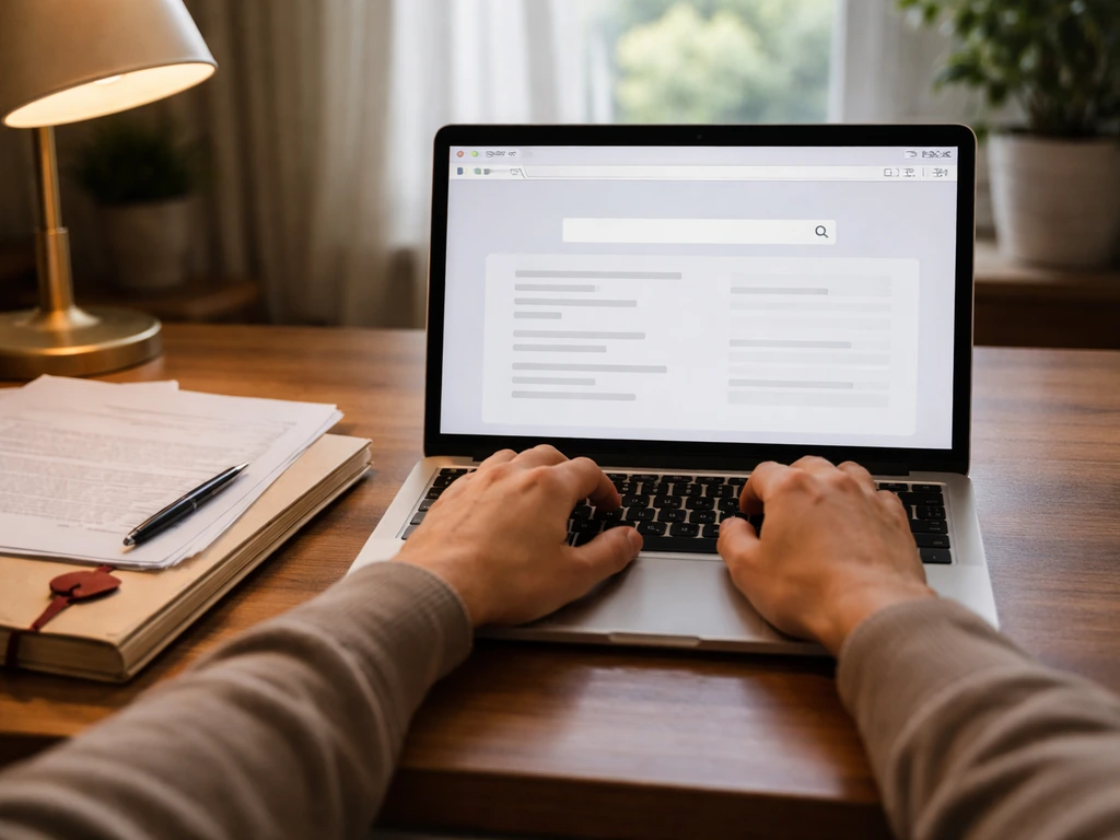 Hand typing on a laptop beside legal documents, symbolizing verifying California probate records