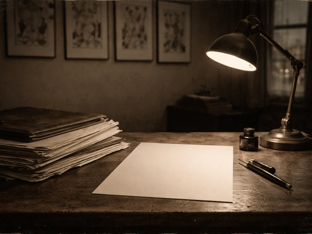 Vintage cartoonist studio desk with newspapers, ink tools, and blank sketch paper in soft archival light.