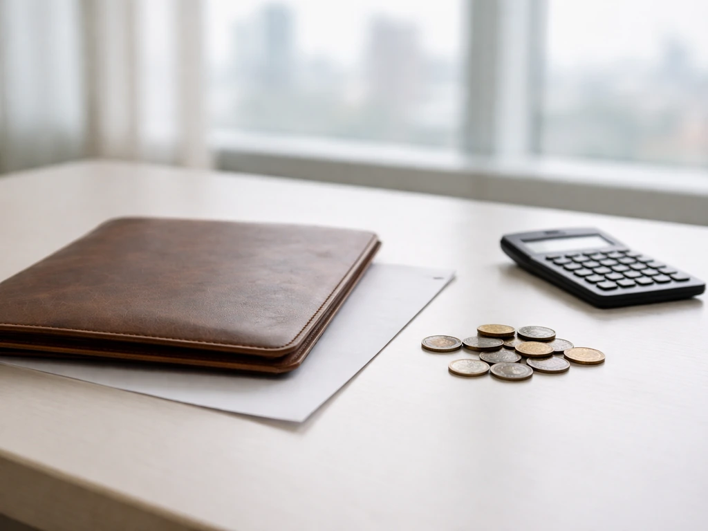 Minimal office desk with scattered coins and a calculator, symbolizing net-worth estimate ranges.