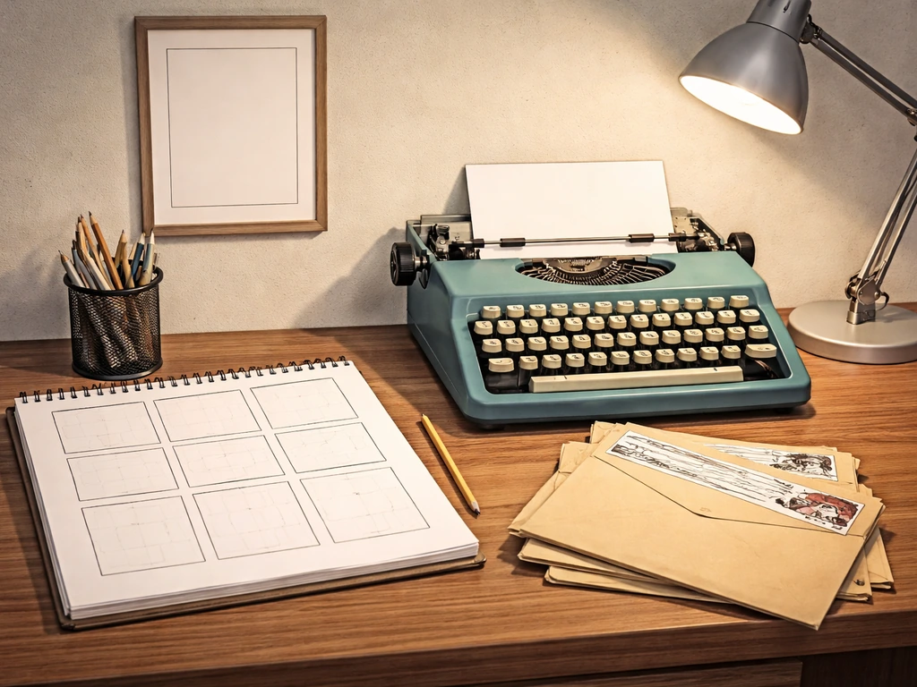 Minimal desk scene showing a cartoonist’s tools and mailed envelopes suggesting freelance submissions to a magazine.