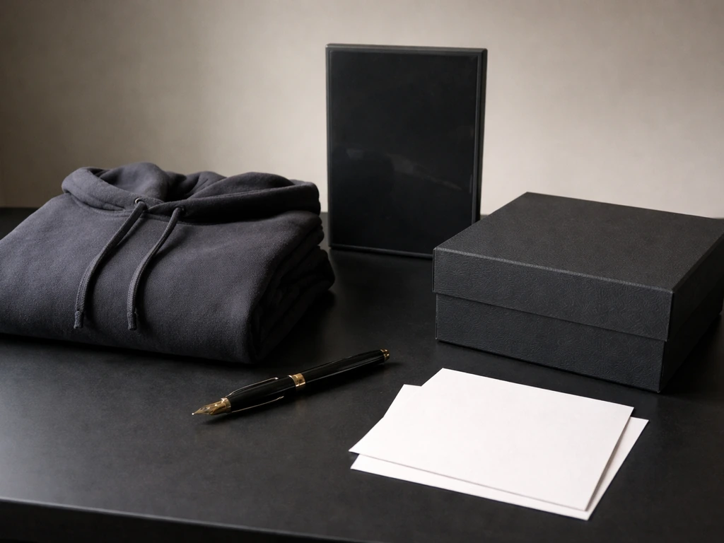 Black-themed boxed merchandise and licensing-style items on a simple desk with a signature fountain pen