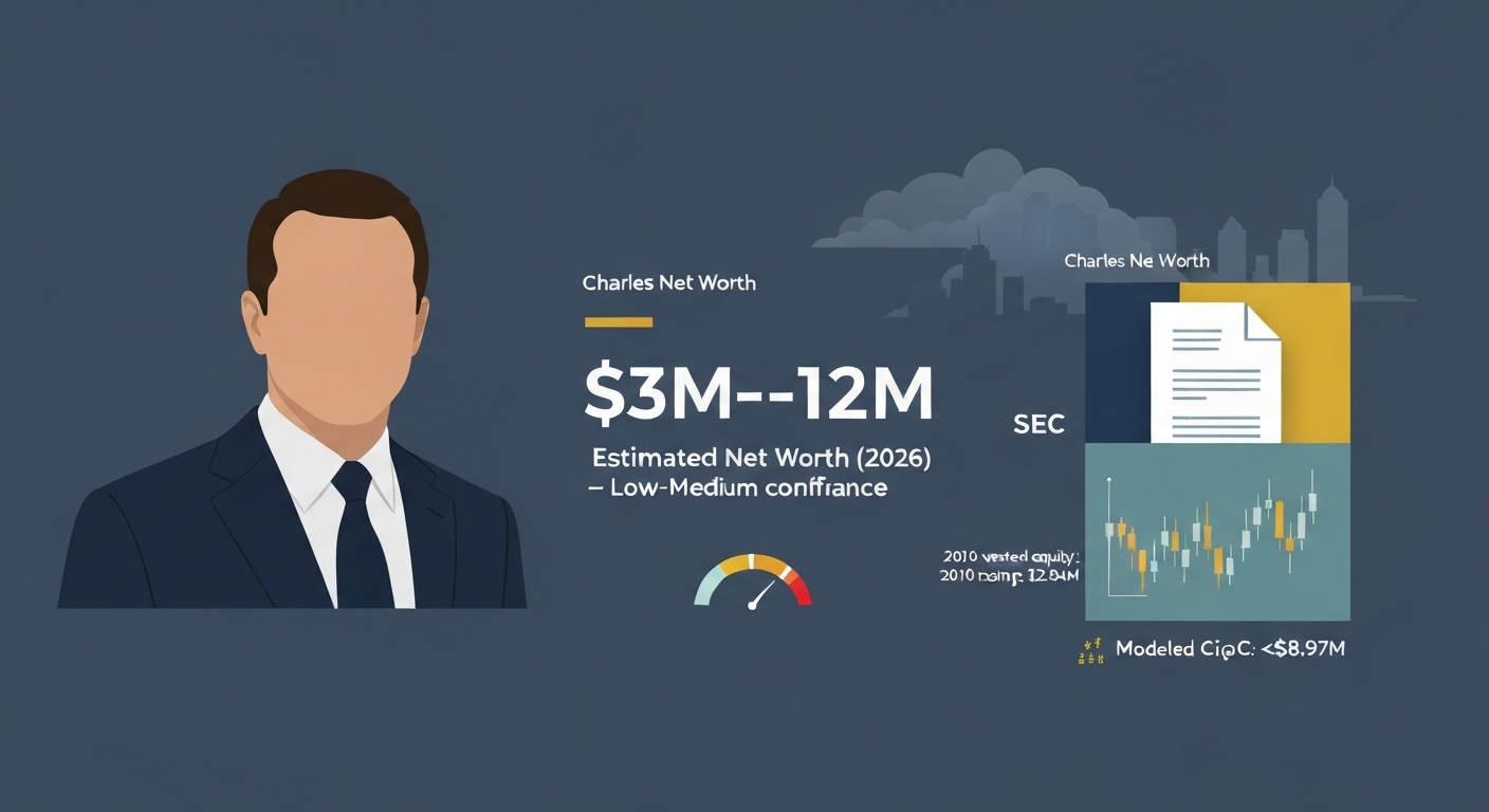Editorial-infographic hero showing an anonymous executive silhouette and the estimated net worth range $3M–$12M, with icons for SEC filings, a stock sparkline, and a faint San Diego skyline.