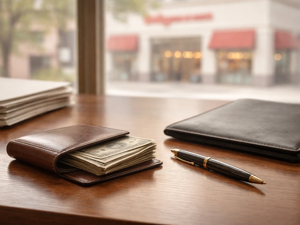 Close-up of a vintage business desk with a Walgreens-style building view and wallet bills, symbolic wealth