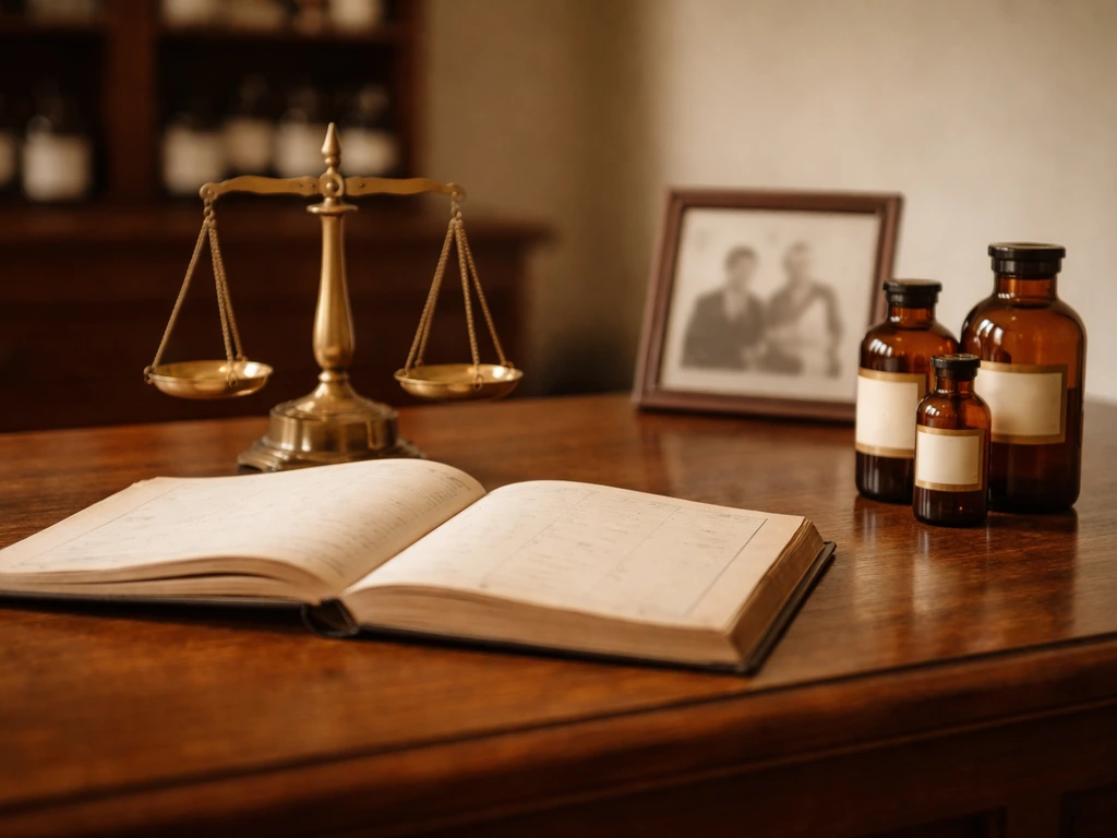 Vintage pharmacy counter with old bottles and an indistinct family photo, archival-style reference visual.