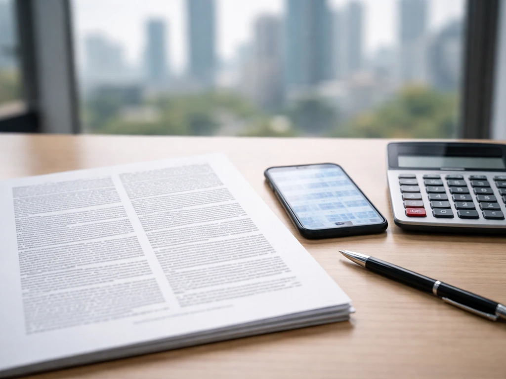 Close-up of a desk with a phone, calculator, and an unlabeled proxy document for estimating a stock stake value.