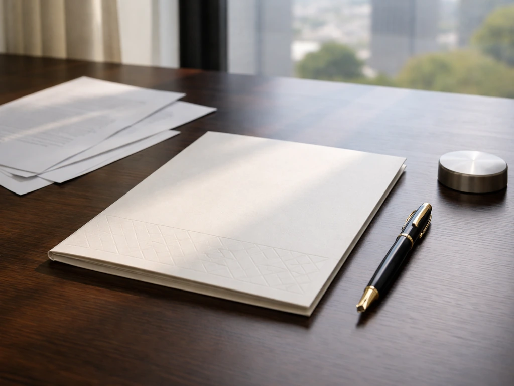 Close-up of an executive desk with a simple share-certificate-like folder and pen, symbolizing compensation turning into