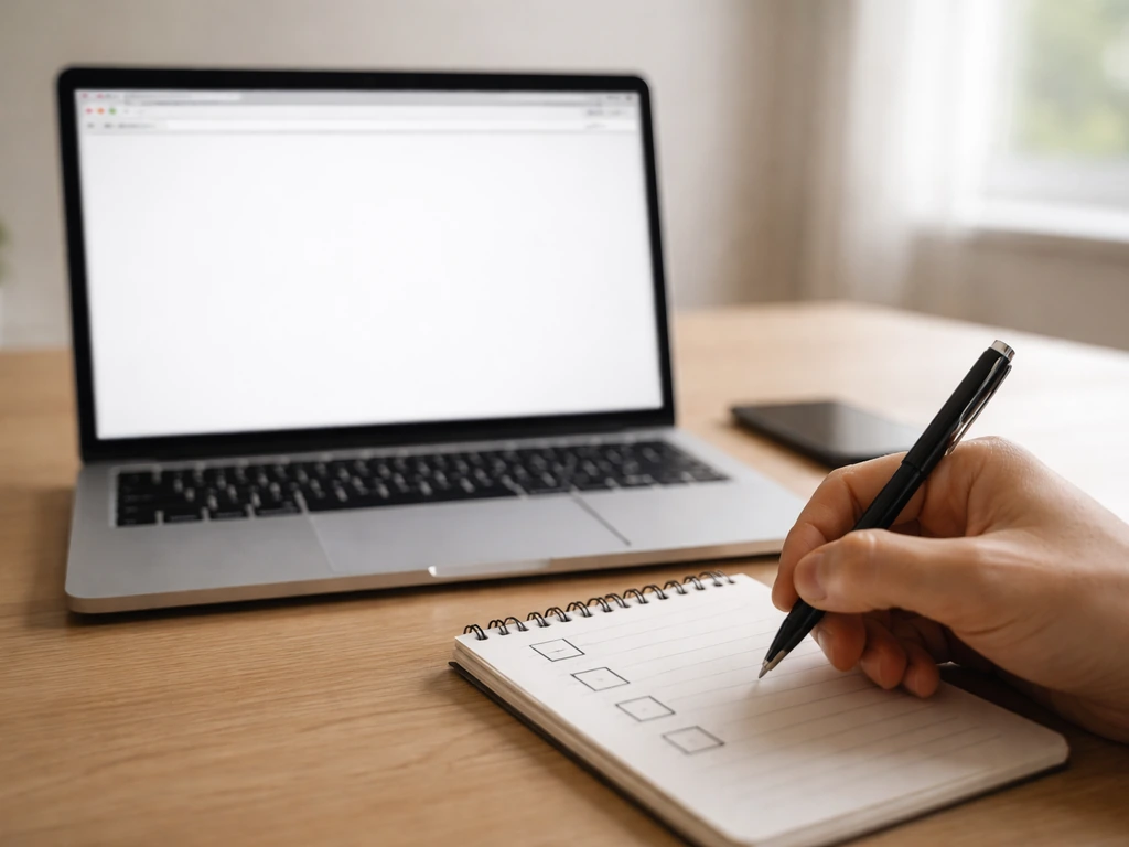 Hand holding a pen over a simple checklist notepad beside a laptop on a desk.