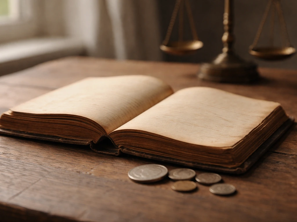 Minimal desk scene with old ledger, scattered coins, and a simple scale-like balance symbol
