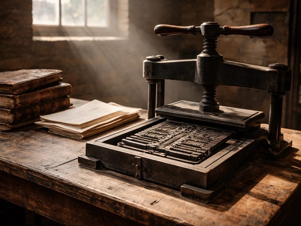 Vintage printing press workspace with inked type and old ledgers for publishing royalties.