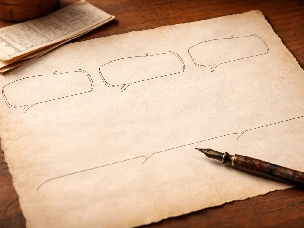Antique estate record papers on a desk with callout brackets for assets, estate, and debts.