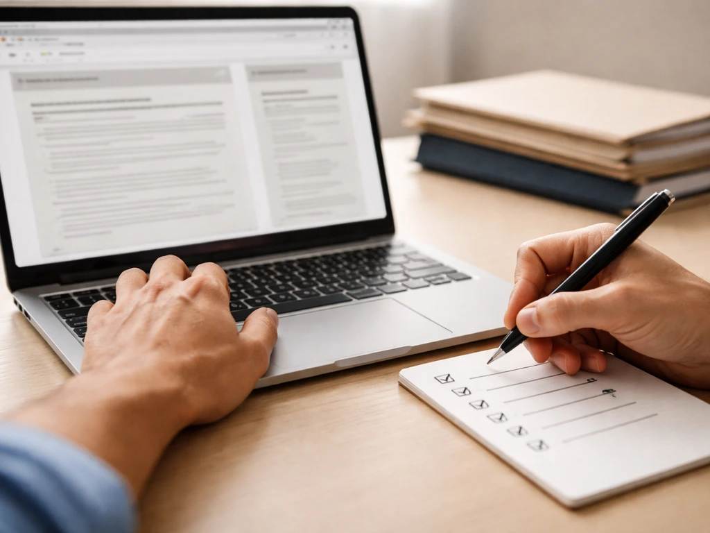 Hands using a laptop to cross-check probate archive pages, with a simple evidence checklist on a notepad