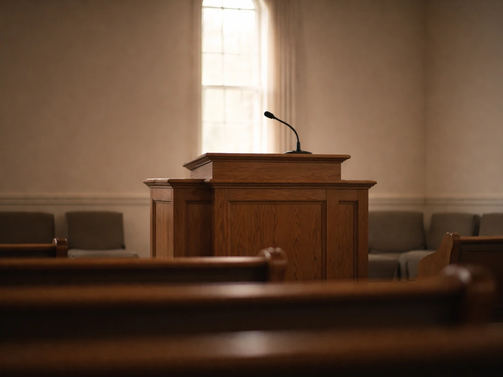 Empty church lectern with microphone and soft light, symbolizing sermon identity without showing any pastor.